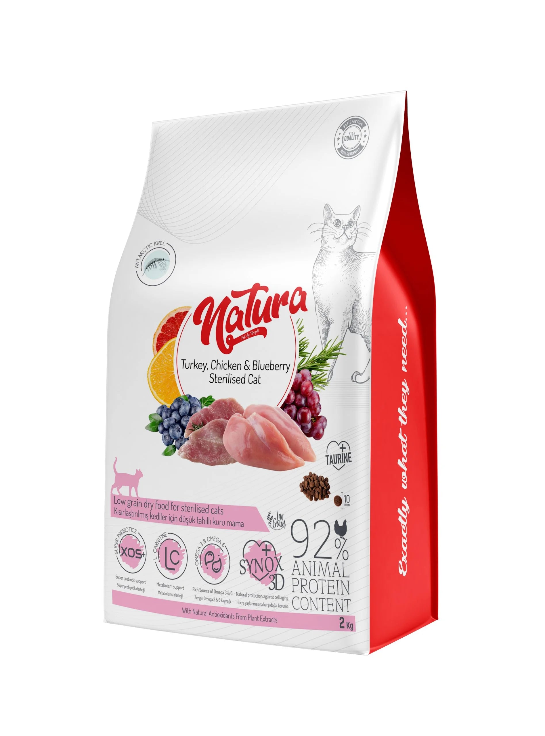 Hrana Uscata Pisica Natura Low Grain Sterilizata cu Pui, Curcan și Afine, 2 Kg