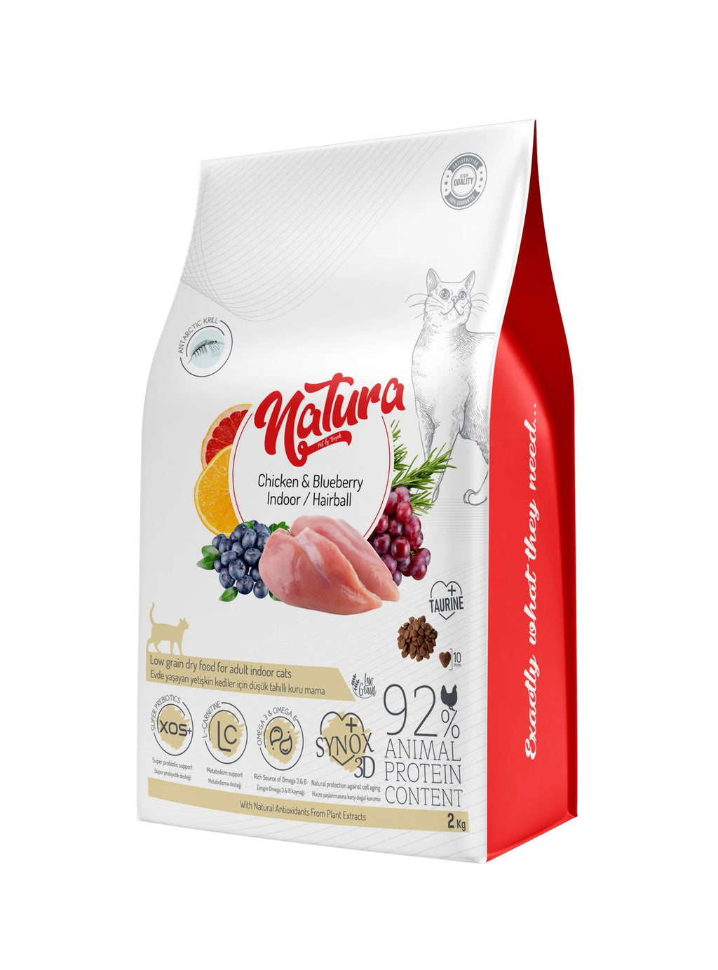 Natura Low Grain száraz macskaeledel csirkével és áfonyával, benti macskáknak – szőrlabda-kontroll, 2,25 kg