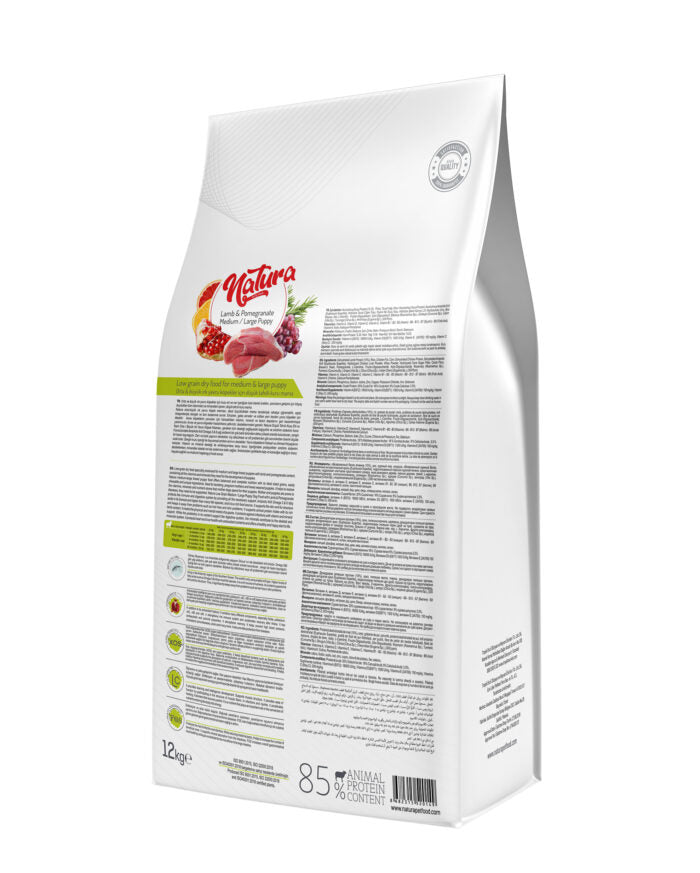 Száraztáp kölyökkutyáknak Puppy – NATURA Low Grain Medium & Large – bárány és gránátalma, 12 kg