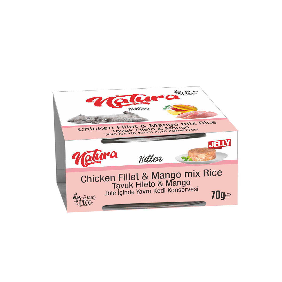 Conservă pentru pisici Natura file de Pui și Mango, în Jeleu 70 gr