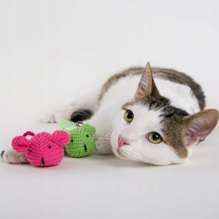 Jucărie pentru pisici șoricei din fire textile 2 bucăți roz + verde