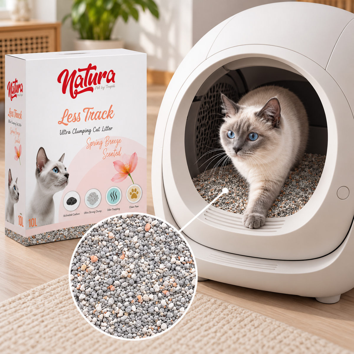 Natura cat litter - Less Track, with Spring Breeze scent + activated charcoal