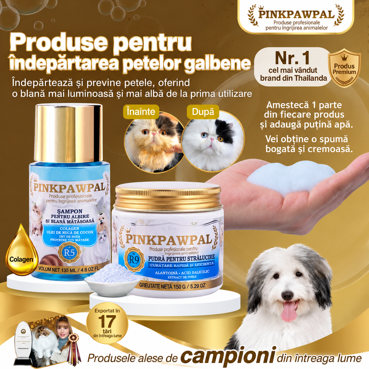 PinkPawPal Whitening & Silky Shampoo și Bling Bling Powder – produse pentru îndepărtarea petelor galbene