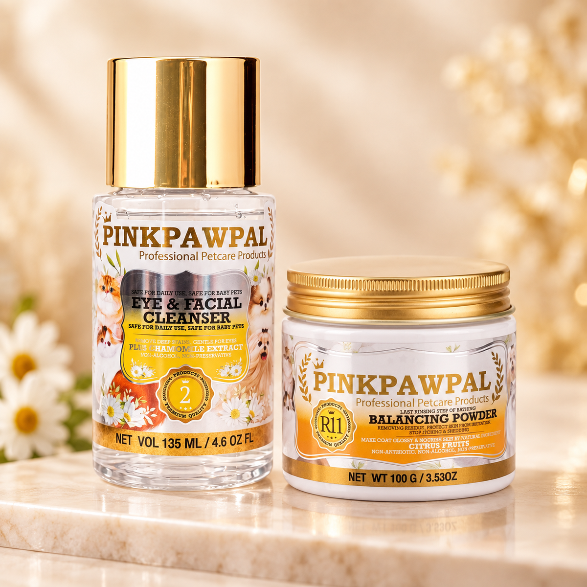 PinkPawPal Set Curățare & Echilibrare – Eye & Facial Cleanser 135 ml + Balancing Powder 100 g